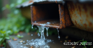 Damaged old gutter with water overflow