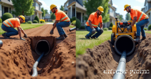 Side-by-side comparison of trench digging vs trenchless sewer repair methods