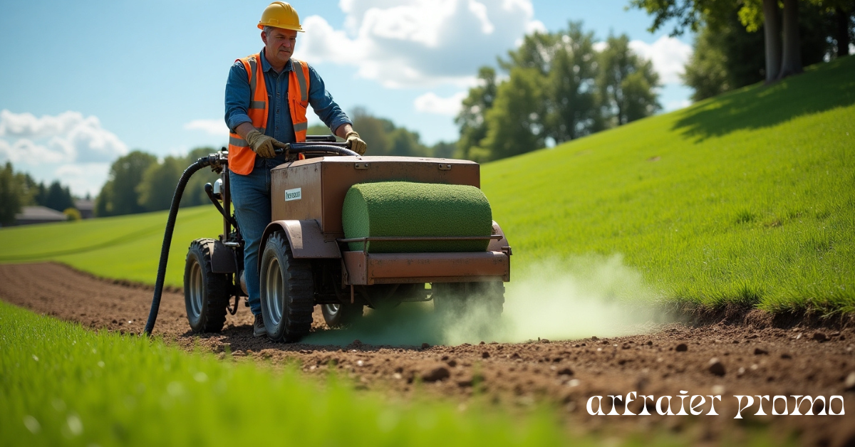 Hydroseeding machine spraying slurry on soil