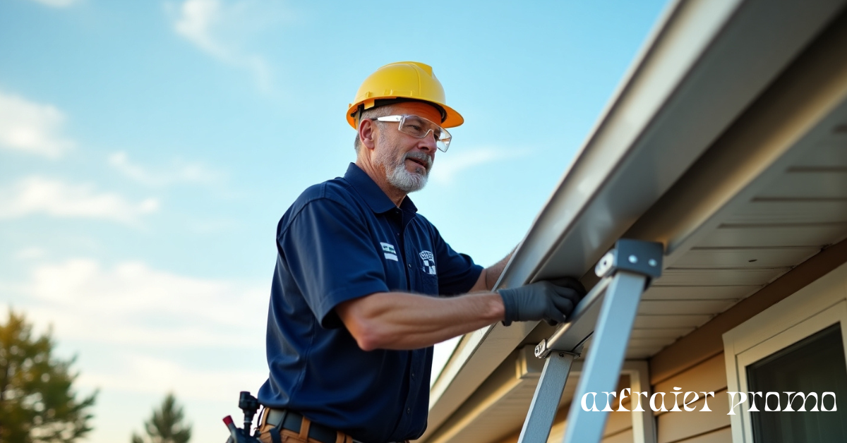 Professional installing gutters on house