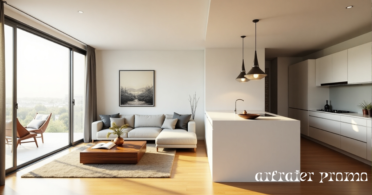 Modern living room featuring a white pony wall dividing the kitchen and lounge area