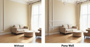 Side-by-side comparison of a room with and without a pony wall