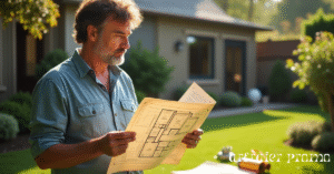 Homeowner planning deck dimensions in front yard