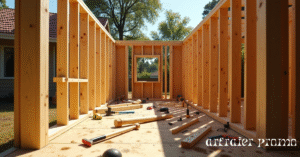 Deck frame being built with pressure-treated wood