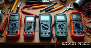 Five different digital multimeters displayed on a workbench