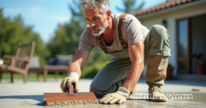 Homeowner applying concrete resurfacer with a trowel