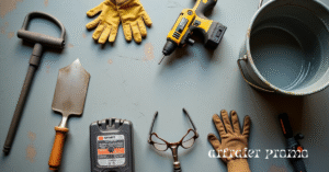 Tools used for concrete resurfacing laid out on the ground