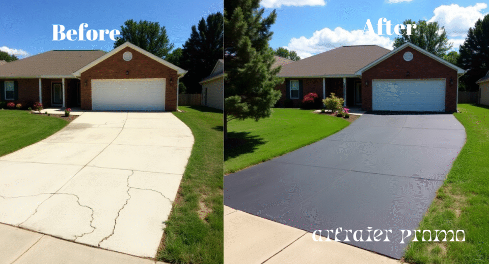 Before and after concrete resurfacing on a driveway
