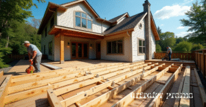 Deck frame being built with pressure-treated wood
