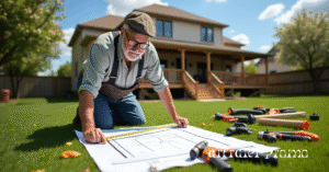 Homeowner planning deck dimensions in front yard