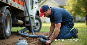 Professional plumber inspecting a sewer line outdoors
