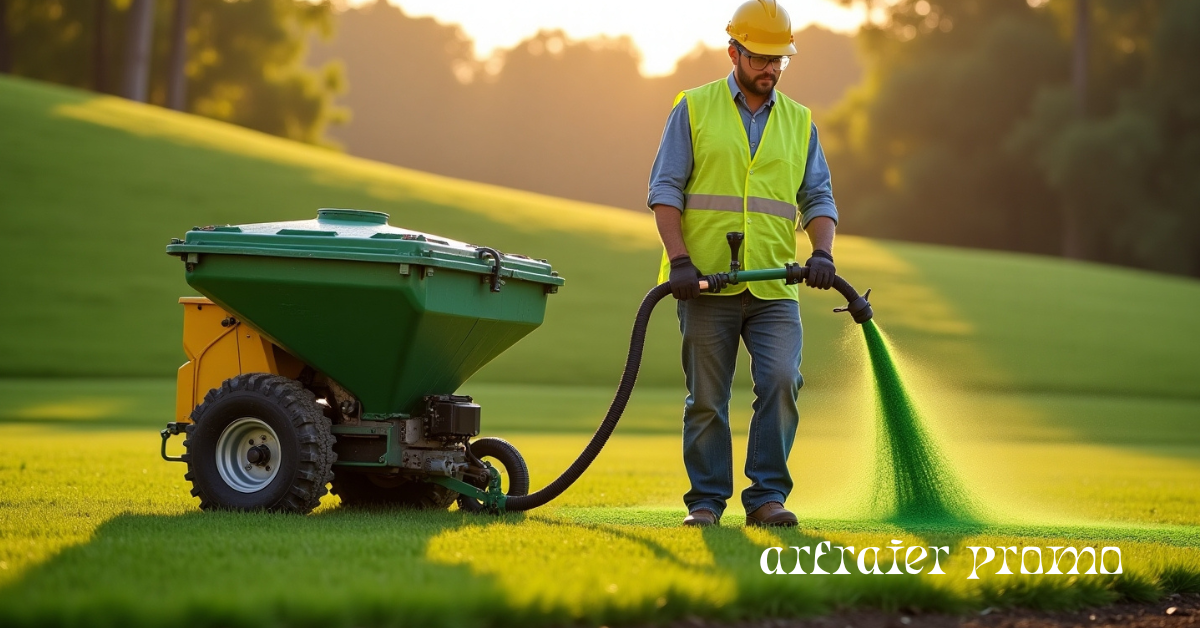 Hydroseeding machine spraying slurry on soil
