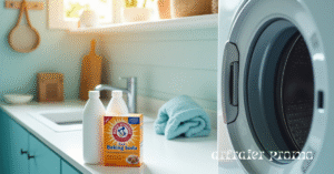 Washing machine drum with baking soda and vinegar ready for cleaning cycle.