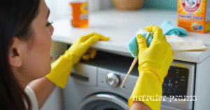 Person cleaning washing machine detergent drawer with toothbrush and sponge.