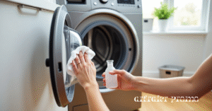Cleaning the rubber door seal of a front-load washing machine with a vinegar-soaked cloth.