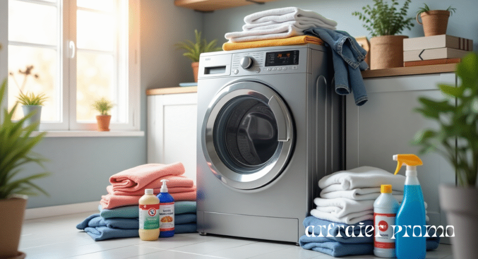 Clean washing machine with detergent and cleaning supplies in a bright laundry room.