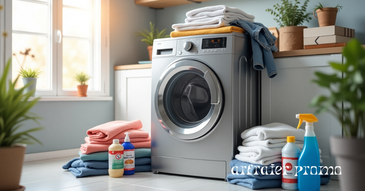 Clean washing machine with detergent and cleaning supplies in a bright laundry room.