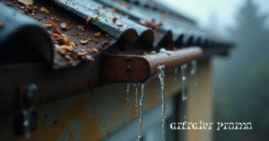 Damaged old gutter with water overflow