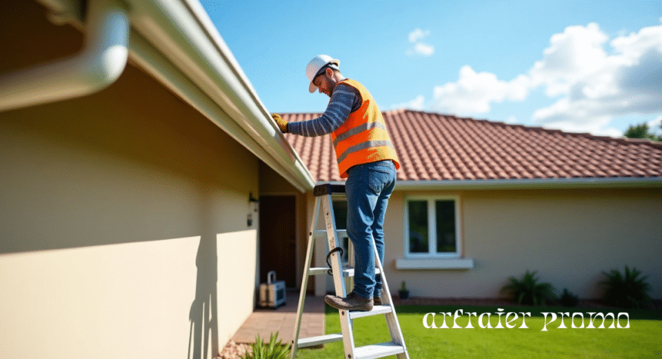Professional installing gutters on house