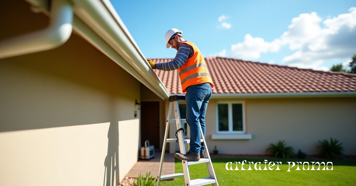 Professional installing gutters on house