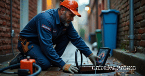Plumber inspecting sewer line with camera
