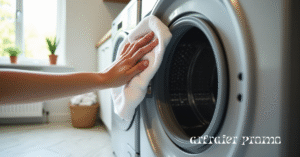Cleaning the rubber door seal of a front-load washing machine with a vinegar-soaked cloth.