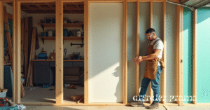 Homeowner constructing a pony wall with lumber and drywall in a garage