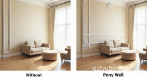 Side-by-side comparison of a room with and without a pony wall