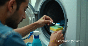 Person cleaning washing machine detergent drawer with toothbrush and sponge.