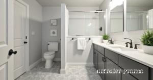 Tiled pony wall separating toilet from sink in a modern bathroom