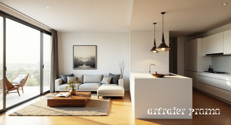 Modern living room featuring a white pony wall dividing the kitchen and lounge area