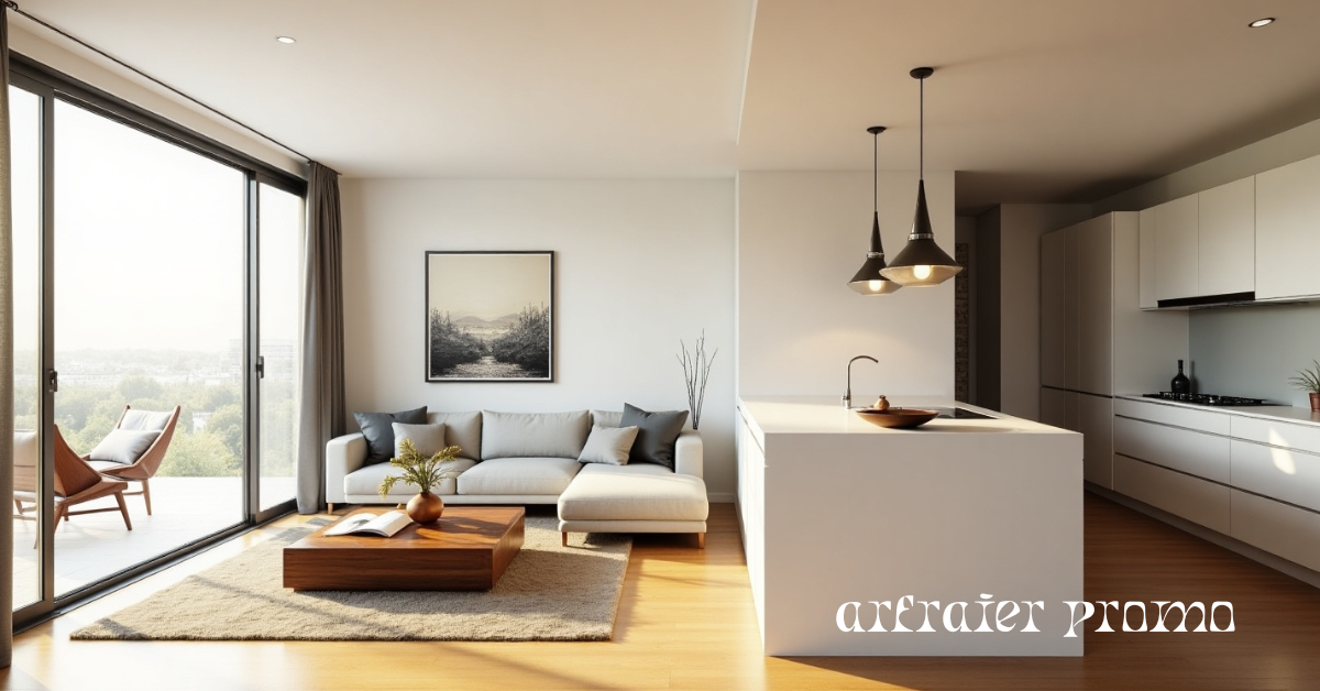 Modern living room featuring a white pony wall dividing the kitchen and lounge area