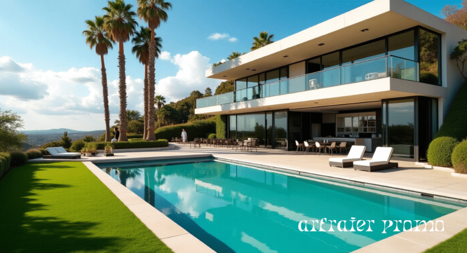 Modern California celebrity-style mansion with pool and palm trees