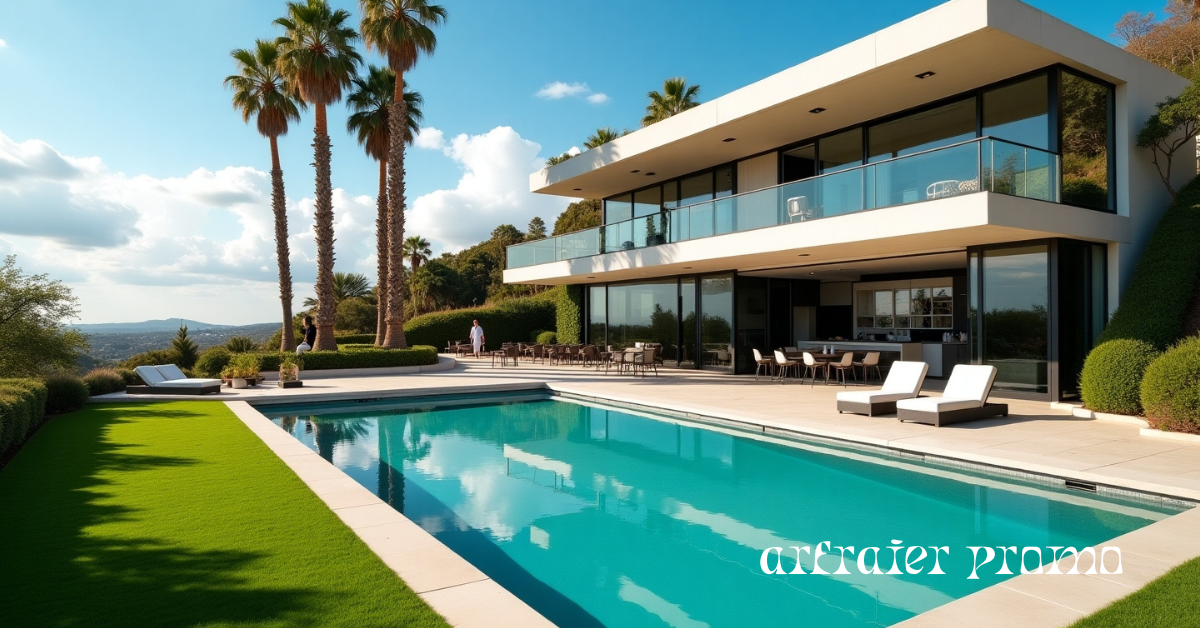 Modern California celebrity-style mansion with pool and palm trees
