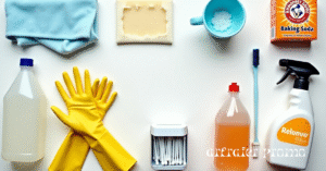 Cleaning tools for washing machine: microfiber cloth, toothbrush, gloves, vinegar, baking soda, bleach.