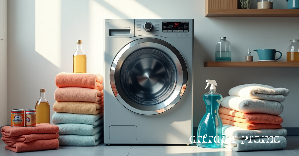 Clean washing machine with detergent and cleaning supplies in a bright laundry room.