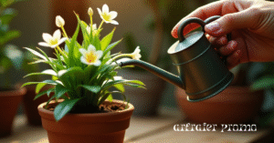 Watering a goldfish plant in a terracotta pot