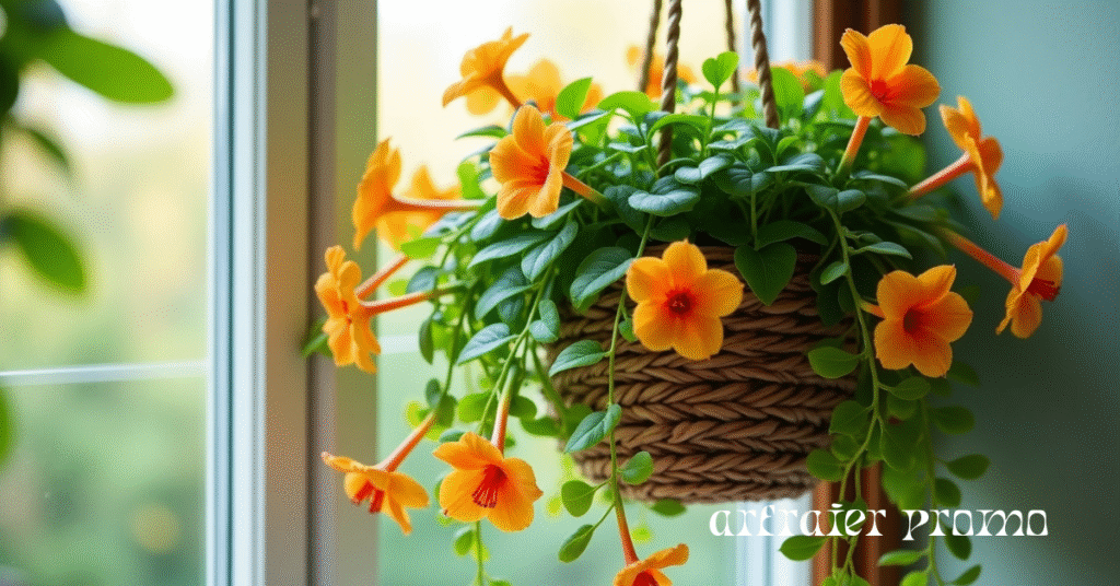 Goldfish plant with bright orange flowers in a hanging basket