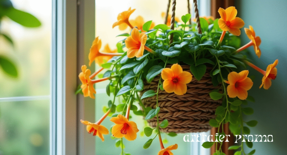 Goldfish plant with bright orange flowers in a hanging basket