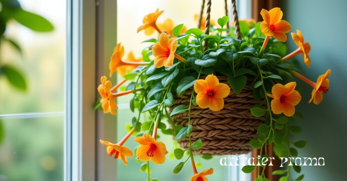 Goldfish plant with bright orange flowers in a hanging basket