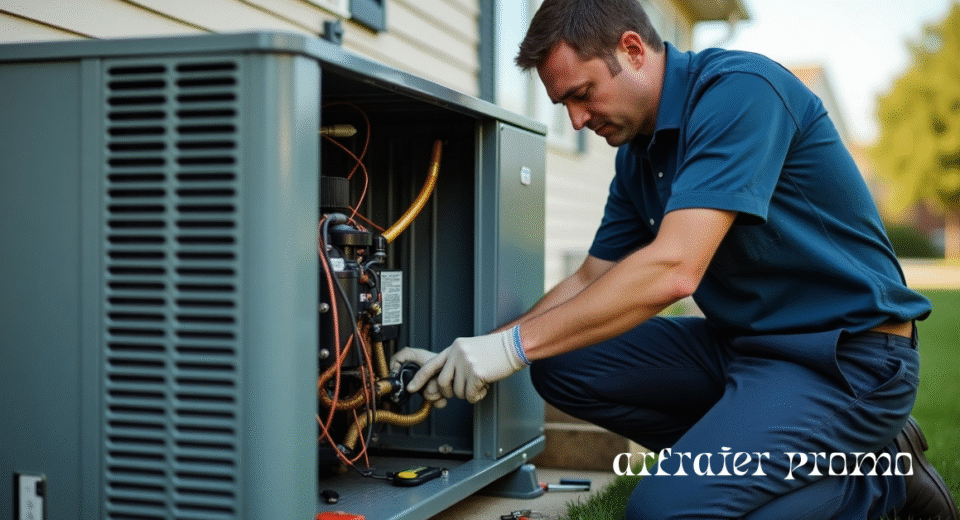 Technician checking AC compressor outdoors at a residential home.