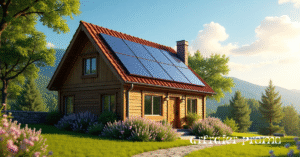 Realistic tiny house with a modern gambrel roof featuring solar panels
