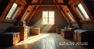 Realistic attic space under a gambrel roof with high ceilings and storage