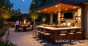 Finished outdoor kitchen with lighting and bar seating