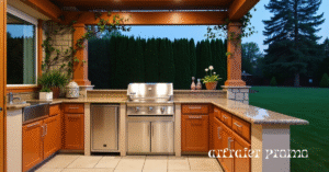 Built-in grill and mini-fridge setup in an outdoor kitchen