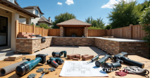 Power tools laid out for DIY outdoor kitchen construction