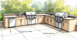 Outdoor kitchen layout sketch with L-shaped design and appliance zones