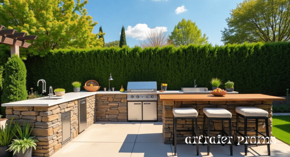 DIY outdoor kitchen setup with grill, countertop, and bar stools in a sunny backyard