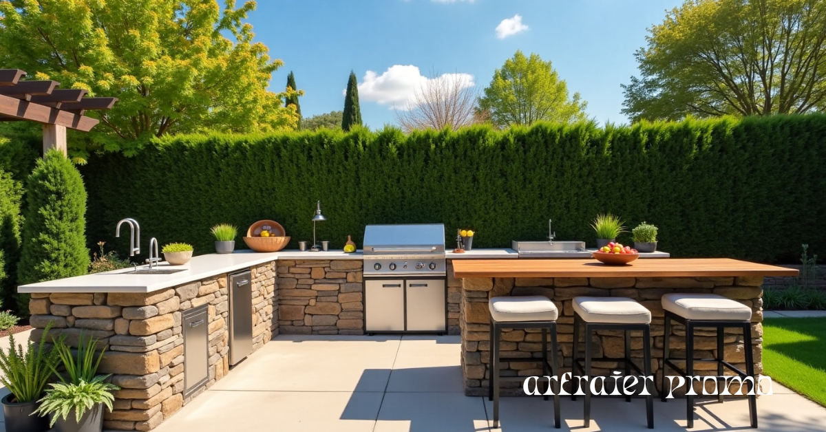 DIY outdoor kitchen setup with grill, countertop, and bar stools in a sunny backyard