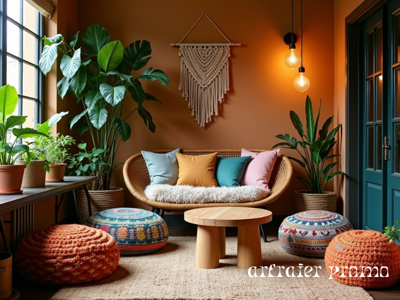 Boho living room furniture with wicker chair and wooden coffee table